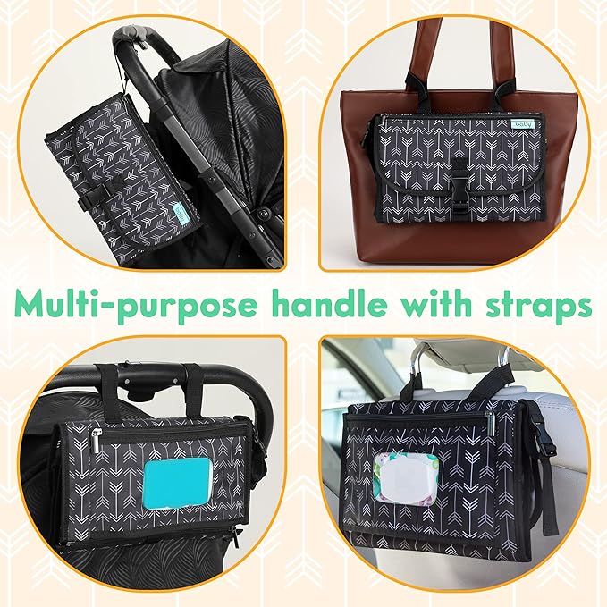 Kopi Baby Portable Diaper Changing Pad - Baby Diaper Changer Travel Bag with Wipes Pocket, Smart Design Portable Changing Mat, Infant Travel Station Kit, Gift for Newborn Girl & Boy - Black Arrows