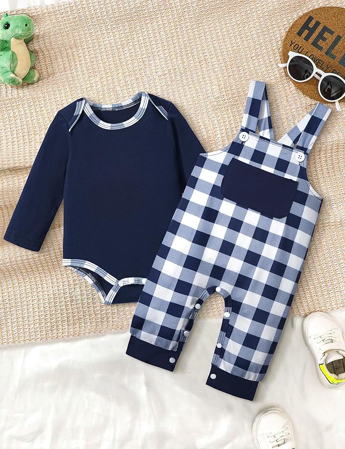 Baby Boy Clothes Long Sleeve Animal Plaid Romper + Overalls Infant Boy Clothes 2PCS Fall Winter Outfits