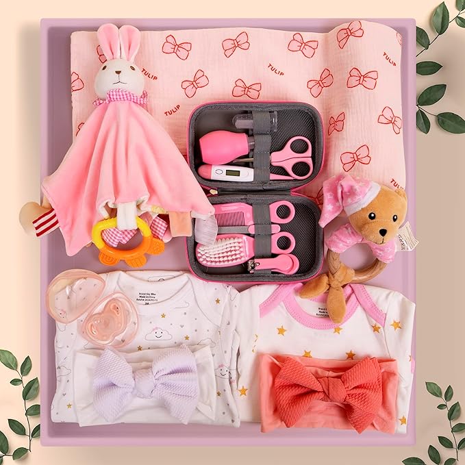 Sky Bliss 18pc Gift Set, Baby Grooming kit, Baby Clothes, Baby Rattle, Baby Blanket, Swaddle, Pacifier, Gifts for New Baby Girl, Newborn Essentials, Baby Gift Set (Grooming Kit), Gift for New mom.