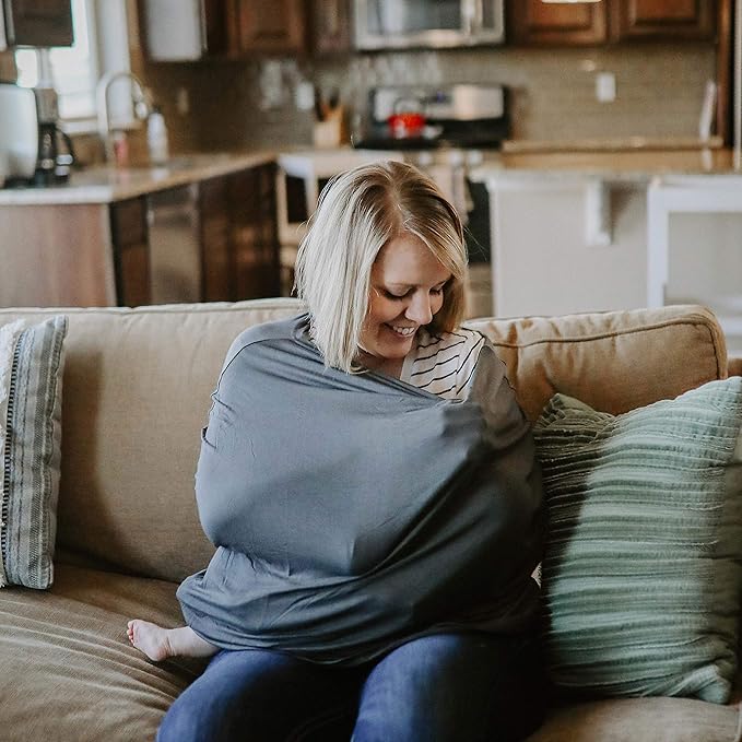 Parker Baby 4 in 1 Car Seat Cover for Girls and Boys - Stretchy Carseat Canopy, Nursing Cover, Grocery Cart Cover, High Chair Cover - Gray/White Stripes