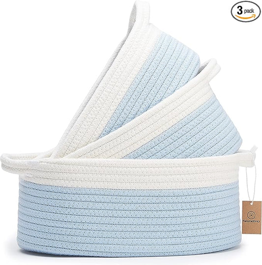 NaturalCozy 3-Piece Oval Storage Basket Set– Soft Natural Rope Woven Baskets for Storage Shelf, Toy, Nursery, Gift, Baby Shower, Pets Cat Dog Bins | Small Basket for Organizing (Off White & Blue)