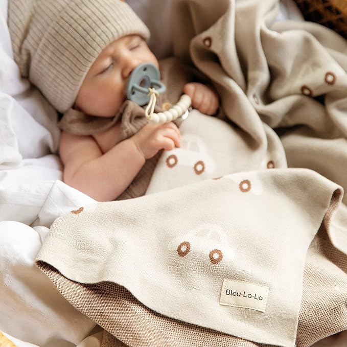 Knit Baby Blanket for Girls and Boys 100% Cotton Buttery Soft Cozy Receiving Swaddle Stroller Blanket for Shower Gift Registry for Newborns, Infants, Toddlers (Cars - Cream)