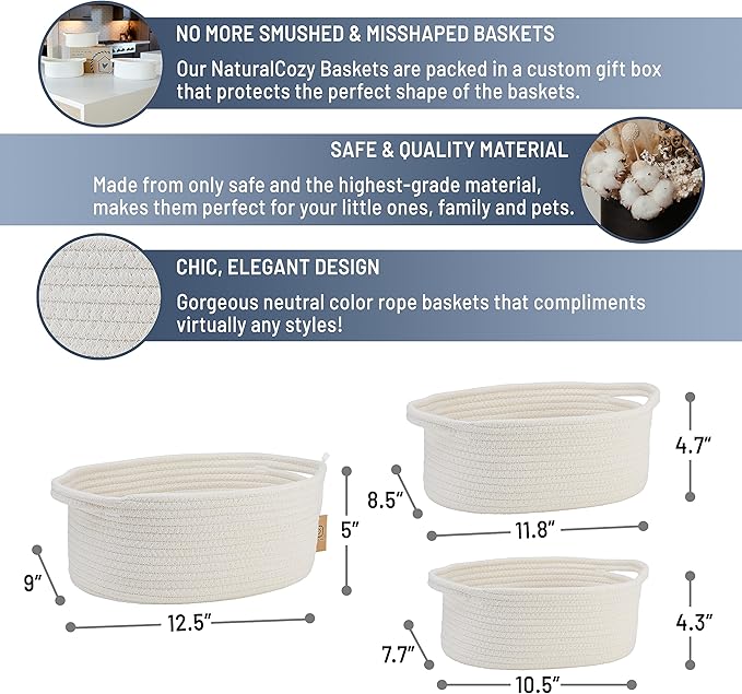 NaturalCozy 3-Piece Oval Storage Basket Set– Soft Natural Rope Woven Baskets for Storage Shelf, Toy, Nursery, Gift, Baby Shower, Pets Cat Dog Bins, Kitchen | Small Basket for Organizing (Off White)