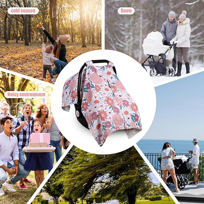 Metplus 2 in 1 Flowers Baby Car Seat Cover, Car Seat Canopy for Babies, Mom Multiuse Nursing Cover, Minky Baby Carrier Covers, Newborn Boy Girl, Peekaboo Opening