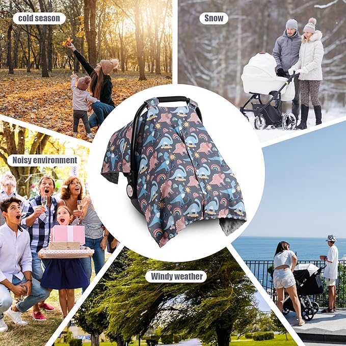 Metplus 2 in 1 Dinosaur Baby Car Seat Cover, Car Seat Canopy for Babies, Mom Multiuse Nursing Cover, Minky Baby Carrier Covers, Newborn Boy Girl, Peekaboo Opening