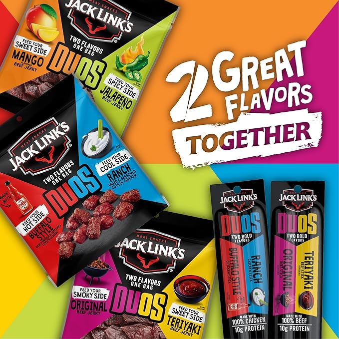 Jack Link's DUOs Beef Jerky Meat Snack Sticks with 10g Protein – Original & Teriyaki, Made with 100% Beef, Two Flavors in One Package, 1.84oz (10 Pack of 2 Sticks)