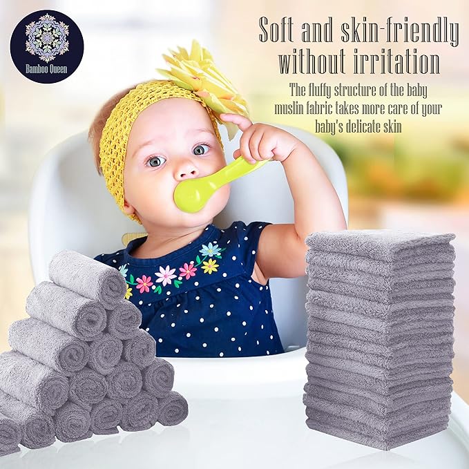 32 Pack Baby Washcloths - 10x10 Inch, Coral Fleece - Extra Absorbent and Soft Wash Clothes for Newborns, Infants and Toddlers - Suitable for Sensitive Skin and New Born - Baby Shower - Light Grey