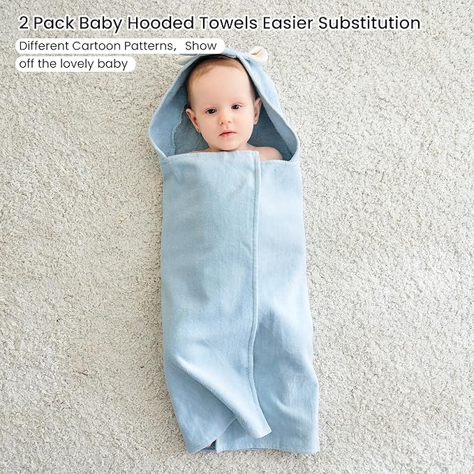 Mooreeke 2 Pack Baby Towels - 100% Cotton Baby Hooded Towels - Soft Baby Bath Towels with Hood for Newborn - Comfort Towels for Baby Girls and Boys - Animal Shaped Design (Elephants)