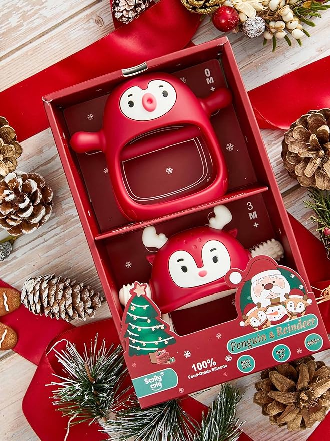 Baby Christmas Stocking Stuffers-Smily Mia Penguin Buddy and Reindeer 2 in 1 Christmas Gift/Toy Set for 0-12 Months Teething Babies, Teeting Mittens For Babies, Infant Christmas Gift Box-Christmas Red