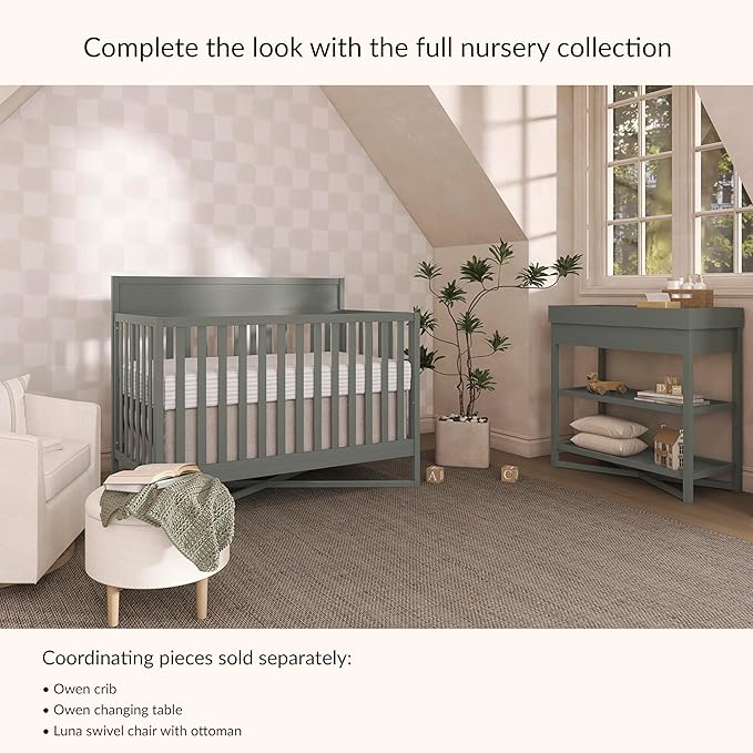 Dream On Me Owen 5-in-1 Convertible Full-Size Baby Crib in Seagrass, GreenGuard Gold & JPMA, Converts to Toddler, Day, & Full-Size Bed, Non-Toxic Paint, Safe Sleep Environment