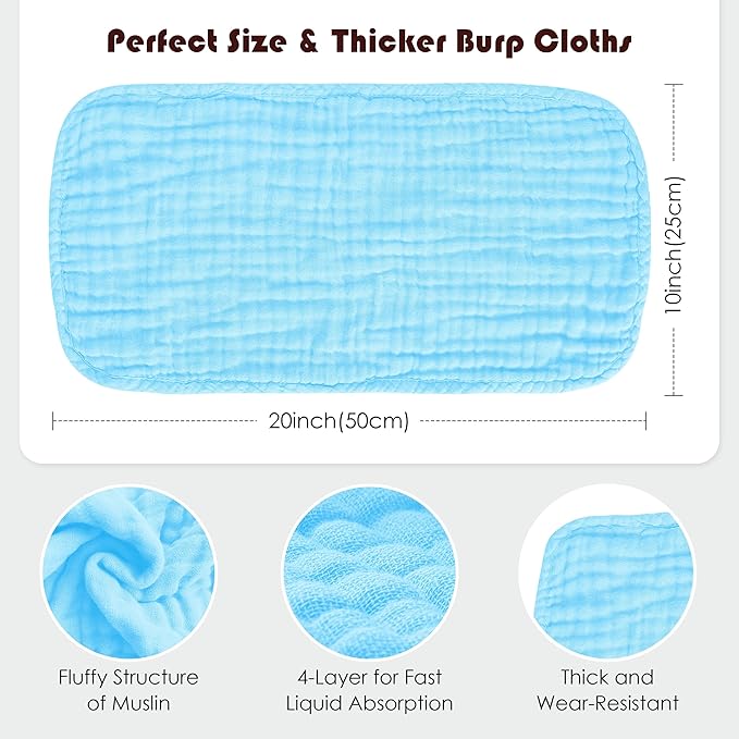 Muslin Burp Cloths 100% Cotton Large 20''x10'' Extra Soft and Absorbent Baby Wash Cloths Spit Up Rags - Baby Burping Cloth for Boys Girls Items(12 Pack Aquamarine)