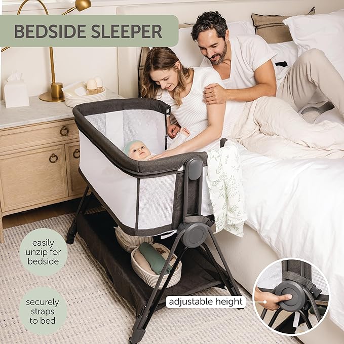 Baby Bedside Sleeper - Bassinet & Bedside Crib with Height Adjustment & Wheels - Can Be Placed Next to Bed - Attaches to Parents Bed - Easy to Fold & Carry Bassinet (Grey)