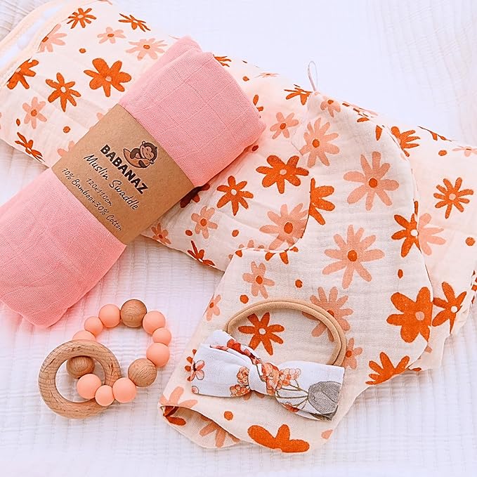 Baby Gift Set Girl - Unique Baby Shower Gifts & Newborn Essentials: Teether Toy, Blanket, Muslin Swaddle, Birth Record, Print Kit, Nemo Socks, Hair Bow, Pink