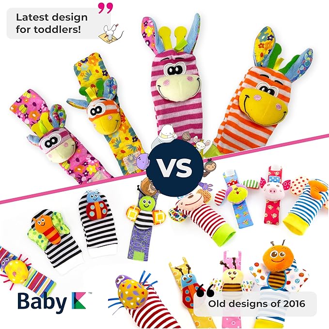BABY K Foot Finder Socks & Wrist Rattles (Set I) - Newborn Toys for Baby Boy or Girl - Brain Development Infant Toys - Hand and Foot Rattles Suitable for 0-3, 3-6, 6-12 Months Babies