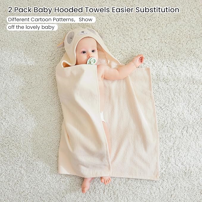 Mooreeke 2 Pack Baby Towels - 100% Cotton Baby Hooded Towels - Soft Baby Bath Towels with Hood for Newborn - Comfort Towels for Baby Girls and Boys - Animal Shaped Design (Puppy & Unicorn)