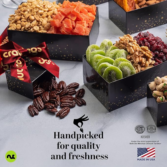 NUT CRAVINGS - Mixed Nuts Gift Basket Black Tower + Heart Ribbon (12 Assortments) Food Arrangement, Healthy Snack Care Package, Food Assortments