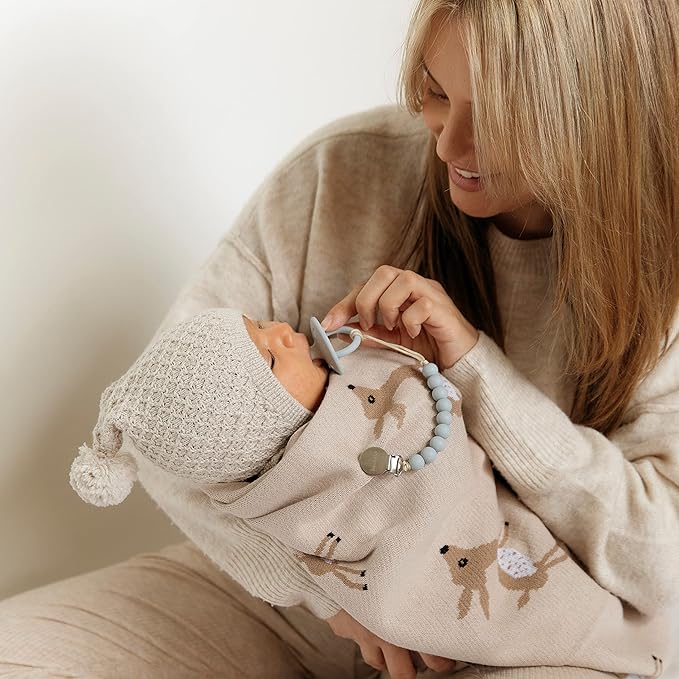 Knit Baby Swaddle Blanket - 100% Cotton Soft Cozy Receiving Swaddling Stroller Blanket Quilt for Shower Gift Registry for Newborns Infants Toddlers Gender Neutral (Deer - Taupe)