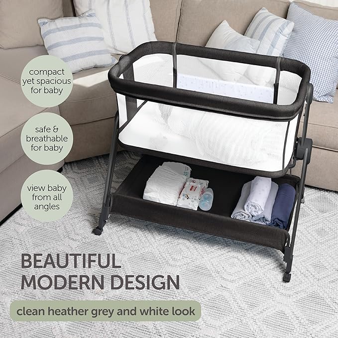 Baby Bedside Sleeper - Bassinet & Bedside Crib with Height Adjustment & Wheels - Can Be Placed Next to Bed - Attaches to Parents Bed - Easy to Fold & Carry Bassinet (Grey)