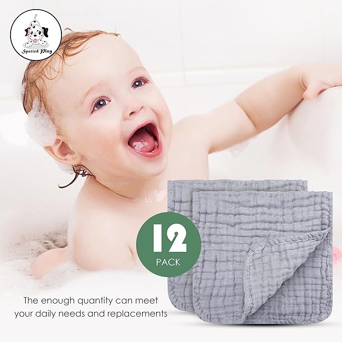 Muslin Burp Cloths 100% Cotton Large 20''x10'' Extra Soft and Absorbent Baby Wash Cloths Spit Up Rags - Baby Burping Cloth for Boys Girls Items(12 Pack Grey)