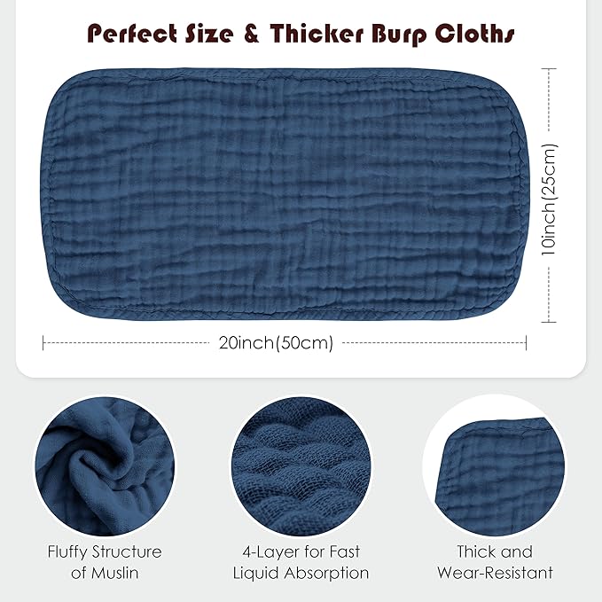 Muslin Burp Cloths 100% Cotton Large 20''x10'' Extra Soft and Absorbent Baby Wash Cloths Spit Up Rags - Baby Burping Cloth for Boys Girls Items(12 Pack Navy Blue)
