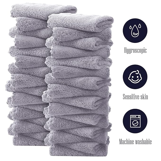 32 Pack Baby Washcloths - 10x10 Inch, Coral Fleece - Extra Absorbent and Soft Wash Clothes for Newborns, Infants and Toddlers - Suitable for Sensitive Skin and New Born - Baby Shower - Light Grey