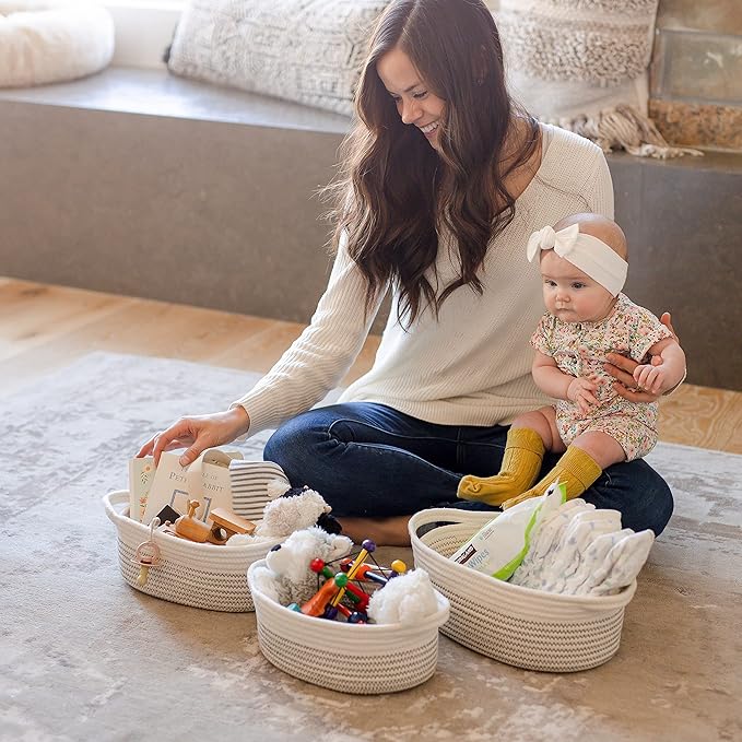 NaturalCozy 3-Piece Oval Storage Basket Set– Soft Natural Rope Woven Baskets for Storage Shelf, Toy, Nursery, Gift, Baby Shower, Pets Cat Dog Bins | Small Basket for Organizing (Black Stitching)