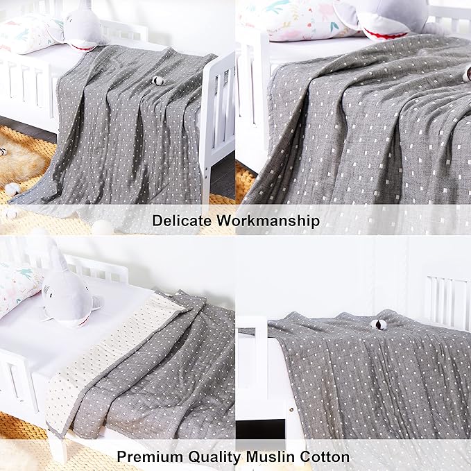 NTBAY 3 Layer Toddler Blanket, Muslin Cotton Jacquard Bed Blankets, Lightweight Thermal Baby Blanket, Super Soft and Warm Crib Blanket for All Seasons, Decoration Gift, 45"x60", Grey Dot