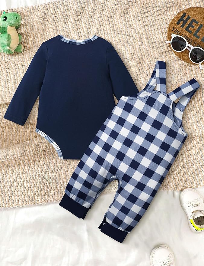 Baby Boy Clothes Long Sleeve Animal Plaid Romper + Overalls Infant Boy Clothes 2PCS Fall Winter Outfits