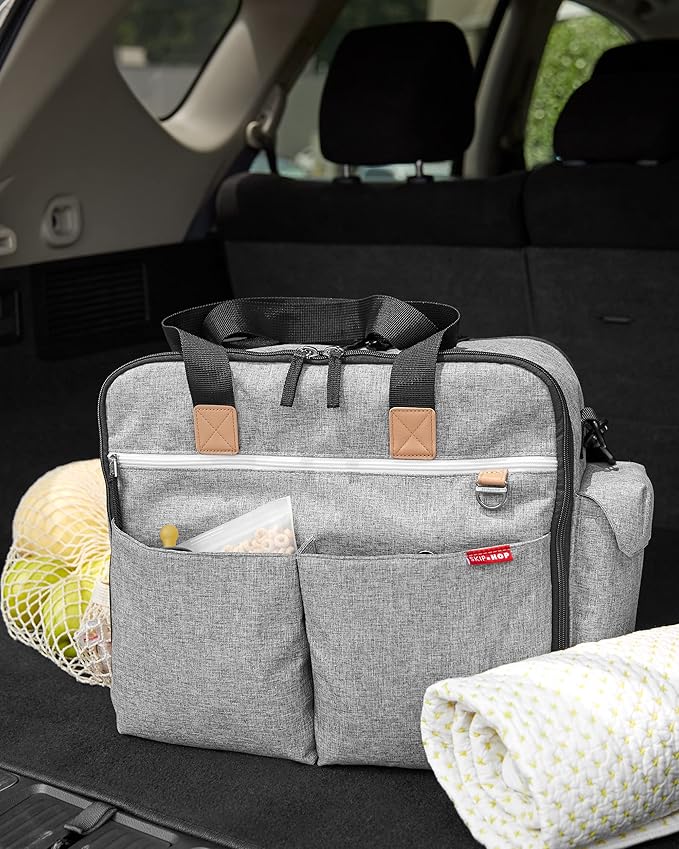 Skip Hop Diaper Bag: Iconic Duo Weekender, Extra Large Capacity with Changing Pad & Stroller Attachment, Grey Melange