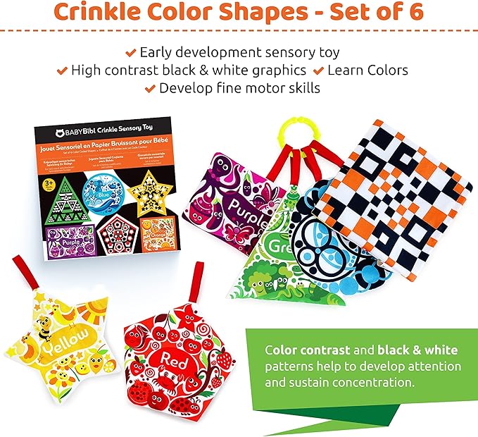 High Contrast Crinkle Paper Shapes - Baby Sensory Toys for Visual Development, Tummy Time - Crib, Stroller & Car Seat Crinkle Toys for Babies & Infants 3 Months+