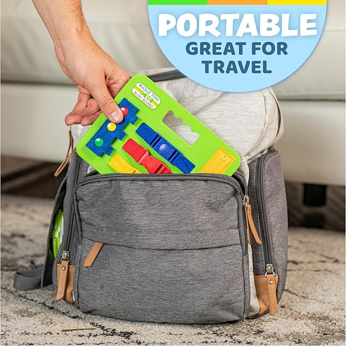 Buckle Toys Mini Busy Board for 1 Year Old Toddlers Travel Essentials for Kids, Montessori Toys for 1 Year Old Baby to Develop Fine Motor Skills, Great for Road Trip Activities for Kids Sensory Toy