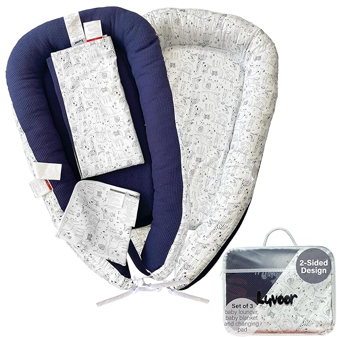 %100 Cotton Baby Lounger - 3 in 1 Baby Nest, Waffle Blanket, Waterproof Changing Mat, Deluxe Infant Lounger, Dock a tot, Portable Set, Newborn Essentials, Breathable Soft Cover, Travel Bed,Shower Gift
