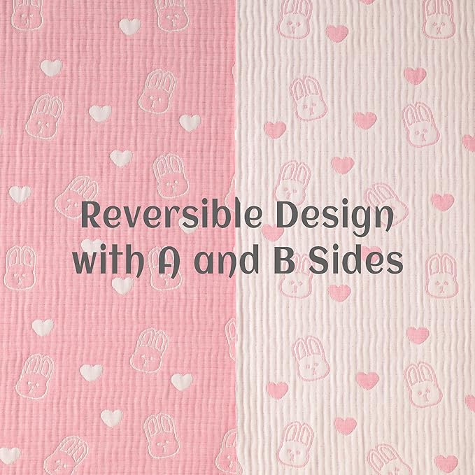 NTBAY 3 Layer Oversized Muslin Cotton Toddler Blanket, Jacquard Reversible Nursery Bed Blanket, Super Soft and Thermal for All Seasons, Baby Gift, 45"x60", Pink Rabbit