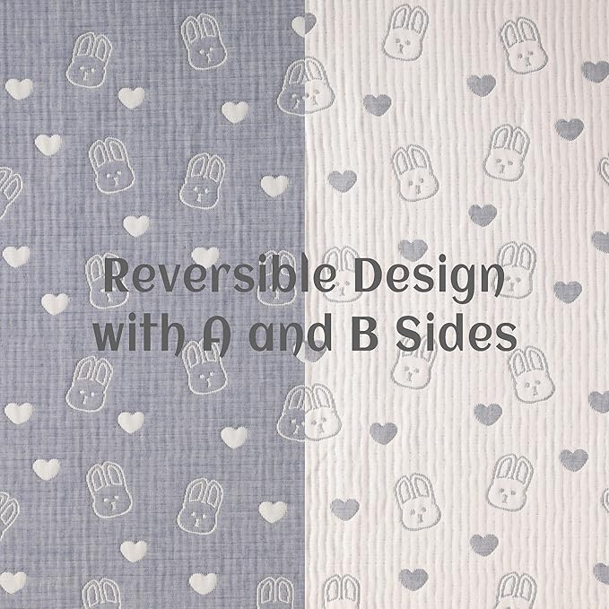 NTBAY 3 Layer Muslin Cotton Toddler Blanket, Jacquard Reversible Nursery Bed Blanket, Super Soft and Thermal for All Seasons, Decoration Gift, 30"x40", Blue Rabbit