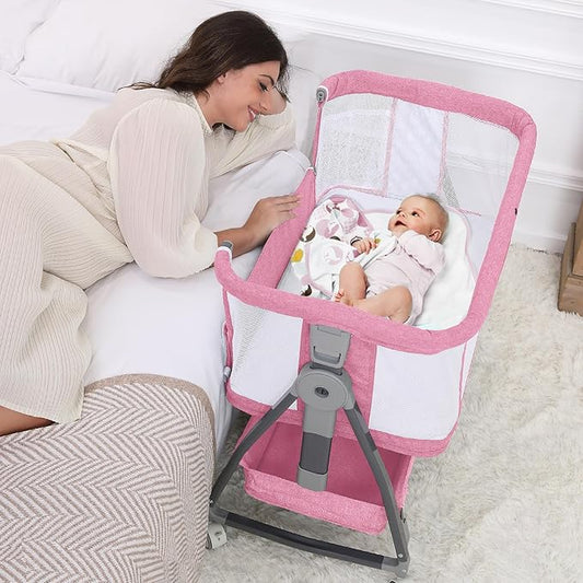 Baby Bassinet Bedside Sleeper, 3 in 1 Rocking Bassinet for Baby, Arms Reach Co Sleeper Bassinet with Wheels, Adjustable Height, Storage, Mattress & Canopy (Pink)