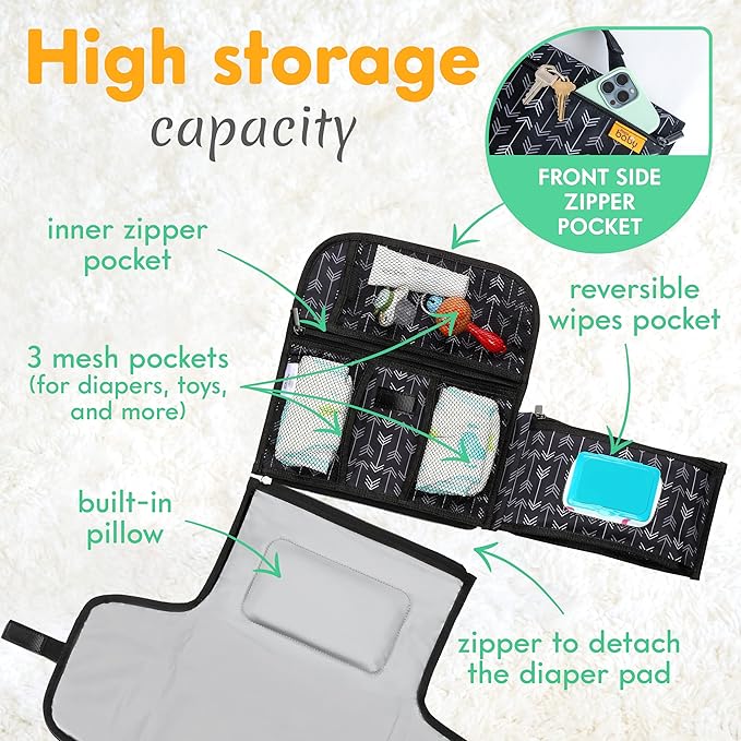 Kopi Baby Portable Diaper Changing Pad - Baby Diaper Changer Travel Bag with Wipes Pocket, Smart Design Portable Changing Mat, Infant Travel Station Kit, Gift for Newborn Girl & Boy - Black Arrows