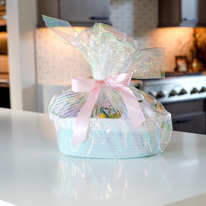 NaturalCozy 3-Piece Oval Storage Basket Set– Soft Natural Rope Woven Baskets for Storage Shelf, Toy, Nursery, Gift, Baby Shower, Pets Cat Dog Bins | Small Basket for Organizing (Off White Turquoise)