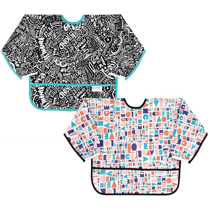 Bumkins - Sleeved Bib - For Boys & Girls, Babies & Toddlers 6-24 Months - Lightweight, Durable, Waterproof - Long Sleeve Bib - Catch-All Pocket - Wipeable & Machine Washable - Btwf - 2 Pack