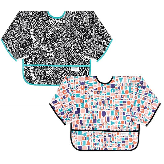 Bumkins - Sleeved Bib - For Boys & Girls, Babies & Toddlers 6-24 Months - Lightweight, Durable, Waterproof - Long Sleeve Bib - Catch-All Pocket - Wipeable & Machine Washable - Btwf - 2 Pack