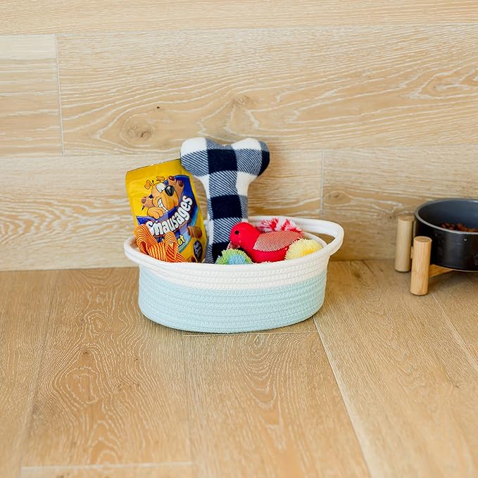 NaturalCozy 3-Piece Oval Storage Basket Set– Soft Natural Rope Woven Baskets for Storage Shelf, Toy, Nursery, Gift, Baby Shower, Pets Cat Dog Bins | Small Basket for Organizing (Off White Turquoise)