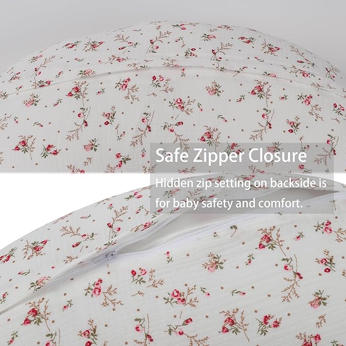Onacosht Muslin Nursing Pillow Cover 2 Pack 100% Cotton Ultra Soft Breastfeeding Pillow Covers for Baby Boy and Girl, Pink and Floral