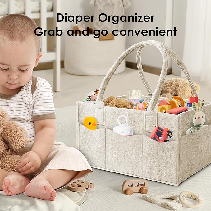 HIPHOP PANDA 2-Pack Diaper Caddy Organizer - Nursery Storage Bin & Car Organizer for Diapers, Wipes, and Baby Essentials - Dual-Color Solid Set (Grey/Oatmeal), Regular Size