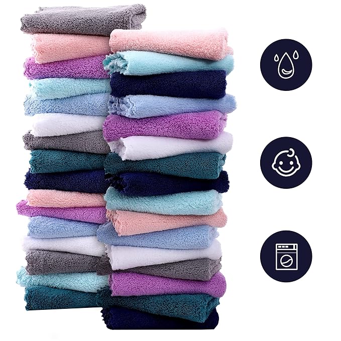 32 Pack Baby Washcloths - 10x10 Inch, Microfiber baby towel - Absorbent and Soft baby Wash Clothes for Newborns, Infants and Toddlers - Quick Dry baby boys and girls face towel - Multicolor