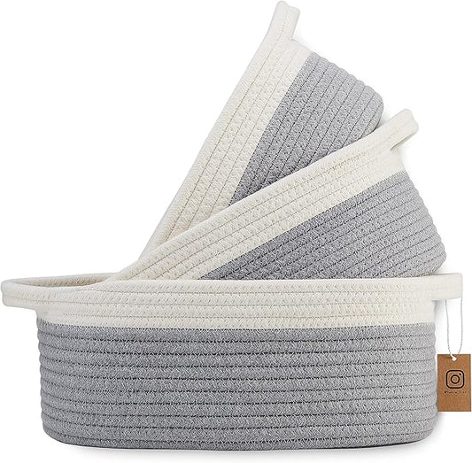 NaturalCozy 3-Piece Oval Storage Basket Set– Soft Natural Rope Woven Baskets for Storage Shelf, Toy, Nursery, Gift, Baby Shower, Pets Cat Dog Bins | Small Basket for Organizing (Off White & Gray)