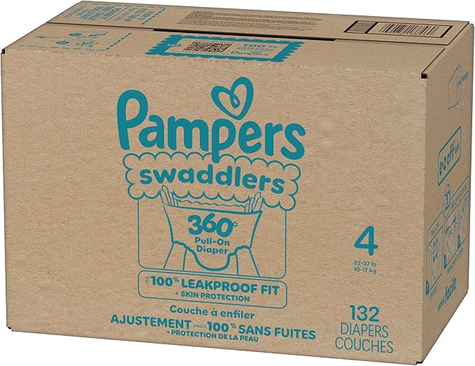 Pampers Diapers - Swaddlers 360° - Size 4, 132 Count, up to 100% Leakproof Comfy Dry Fit, Designed for Easy Changes, Pull On Baby Diaper (Packaging May Vary)
