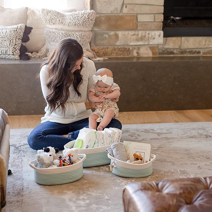 NaturalCozy 3-Piece Oval Storage Basket Set– Soft Natural Rope Woven Baskets for Storage Shelf, Toy, Nursery, Gift, Baby Shower, Pets Cat Dog Bins | Small Basket for Organizing (Off White Turquoise)