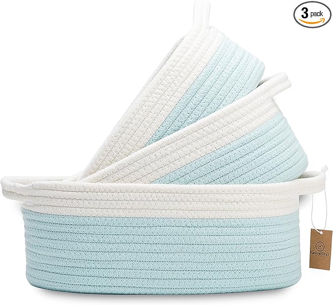 NaturalCozy 3-Piece Oval Storage Basket Set– Soft Natural Rope Woven Baskets for Storage Shelf, Toy, Nursery, Gift, Baby Shower, Pets Cat Dog Bins | Small Basket for Organizing (Off White Turquoise)
