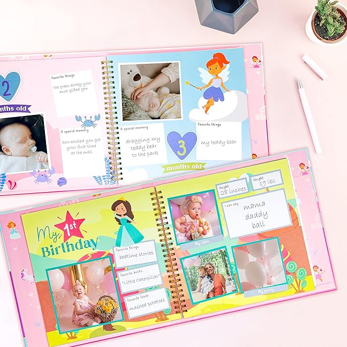 RubyRoo Baby Memory Book - Milestone Journal for Baby Girl - Baby Keepsake Photo Album - First 5 Years Scrapbook - Pregnancy Gift for Baby Shower, 60 Page Hardcover Record Book for Newborn - Fairyland