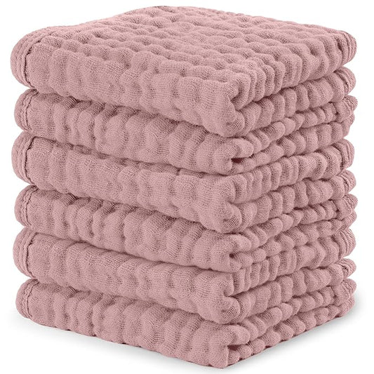 Comfy Cubs Muslin Baby Washcloths 6 Pack - Soft 6-Layer Cotton Wash Cloths for Sensitive Skin - 10"x10" Large, Gentle, Absorbent Infant Essentials for Newborn and Toddlers - Mauve