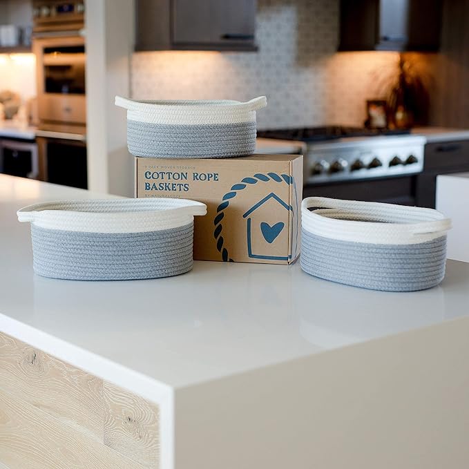 NaturalCozy 3-Piece Oval Storage Basket Set– Soft Natural Rope Woven Baskets for Storage Shelf, Toy, Nursery, Gift, Baby Shower, Pets Cat Dog Bins | Small Basket for Organizing (Off White & Gray)